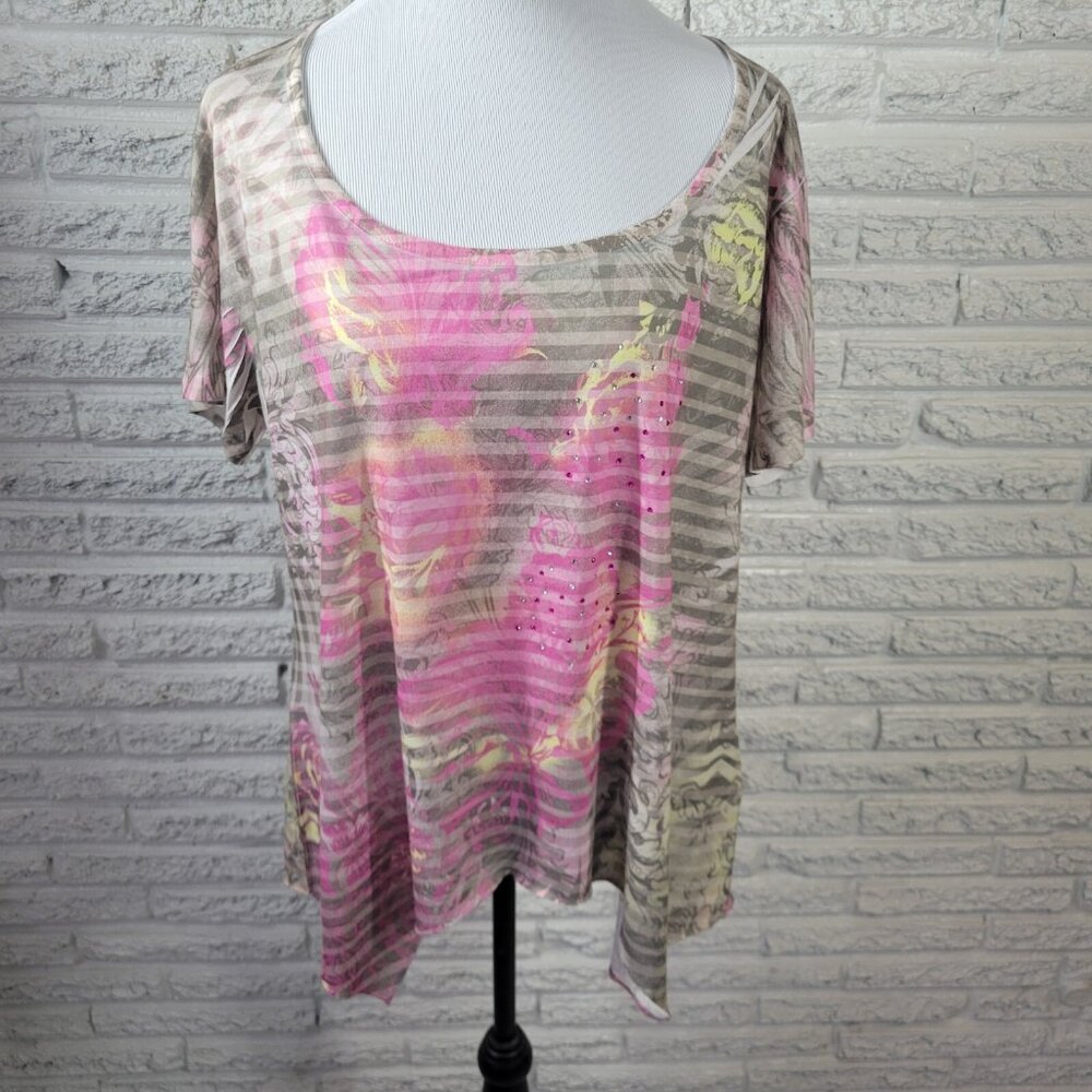 Jane Ashley Womens Top 2X Plus Tee Pink Floral Handkerchief Hem FLO241E